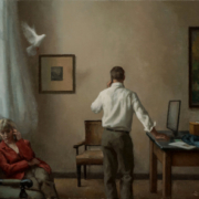 Man and woman on the phone in a room, a dove enters through the window from the left