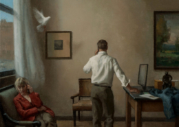 Man and woman on the phone in a room, a dove enters through the window from the left