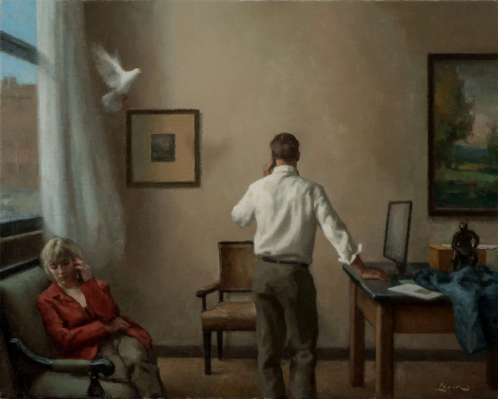 Man and woman on the phone in a room, a dove enters through the window from the left