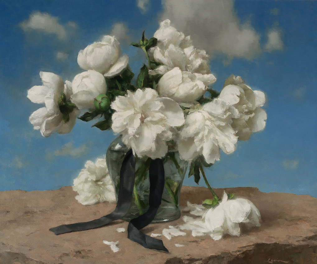 white peonies with ribbon