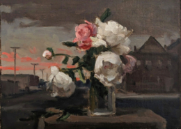 peonies with warehouses in background